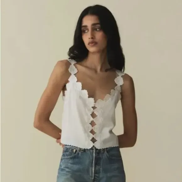 Doen Flores Silk Scalloped Button V Neck Cami Camisole Tank Blouse Top Salt - Picture 4 of 10